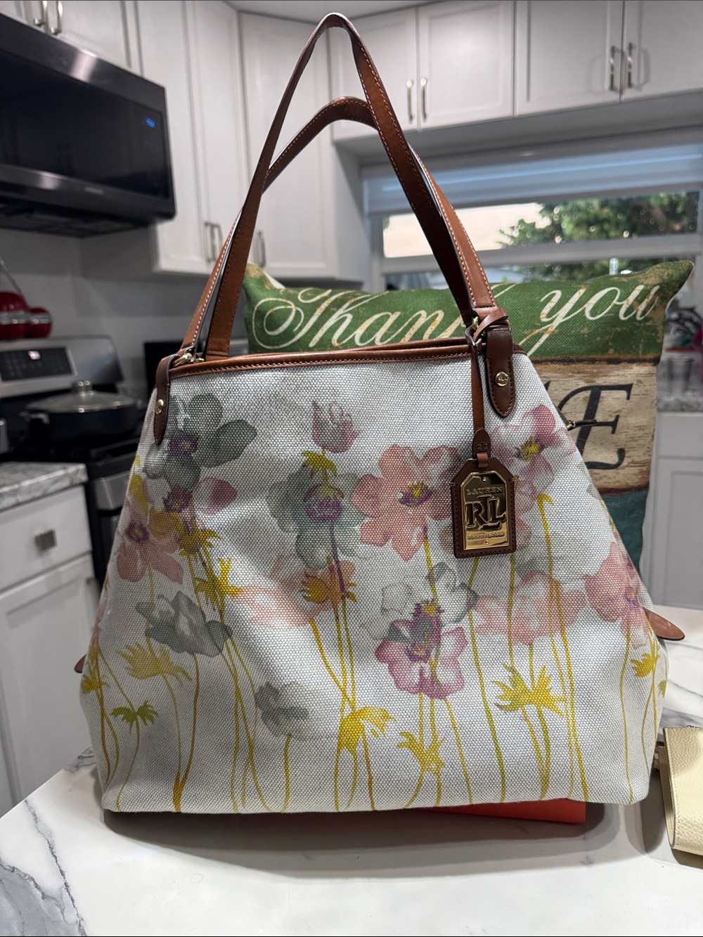 Laurent Ralph Laurent Canvas Floral Tote with Brown Leather Trim